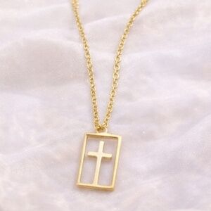 Dainty Cross Necklace, small cut out rectangular petite pendant